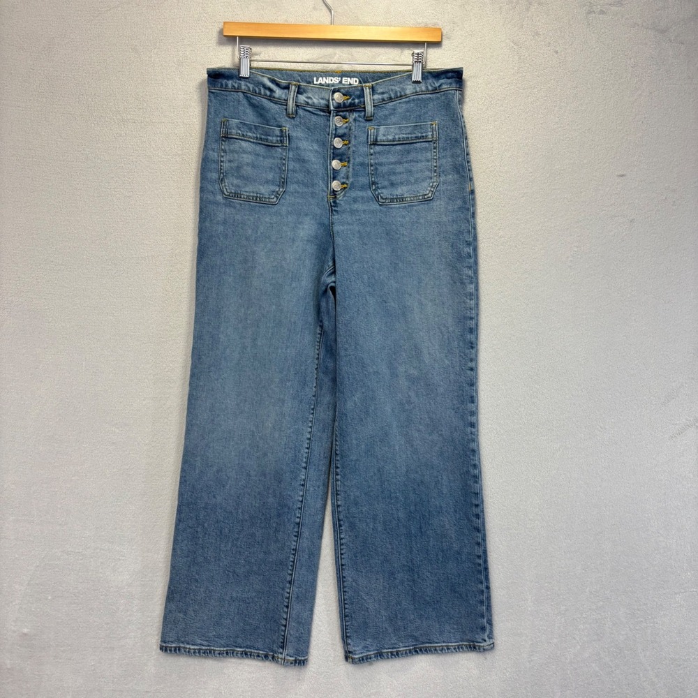 Lands' End Wide Leg Button Fly Jeans Women 12 Blue Front Patch Pocket Stretch